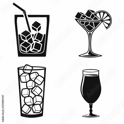 Collection of refreshing cocktails with ice cubes includes a highball, a martini, a tall glass, and a beer glass, perfect for summer drinks and bar menus