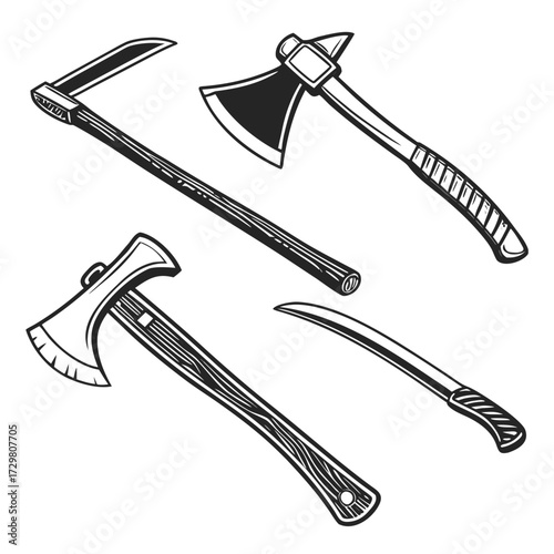 Collection of vintage hand tools this vector set includes axes, a scythe, and a machete, representing craftsmanship and historical equipment