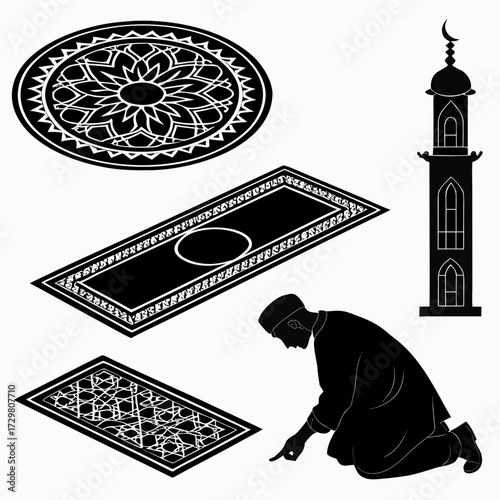 Collection of islamic prayer elements this vector set includes prayer rugs, a mosque minaret, and a muslim man in prayer, representing faith and tradition