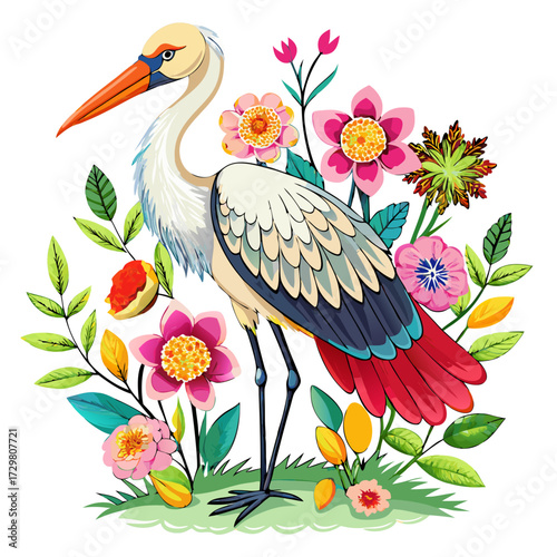 Elegant heron standing amidst a colorful array of vibrant flowers and foliage