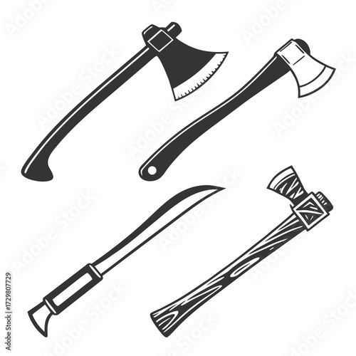 Illustration of various axes and a machete, collection of vintage tools for cutting and chopping, showcasing different designs and styles