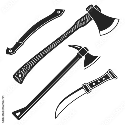 Assortment of vintage axes and knives, showcasing a collection of cutting tools with a rustic and historical feel, the monochrome design emphasizes simplicity