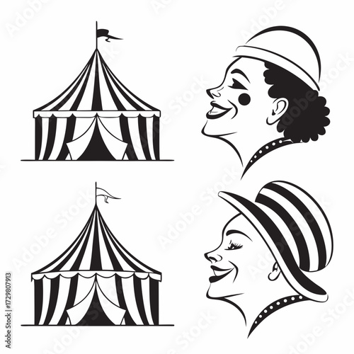 A captivating illustration showcases a vintage circus theme, featuring a classic big top tent and charming clown portraits, , evoking nostalgia and whimsy