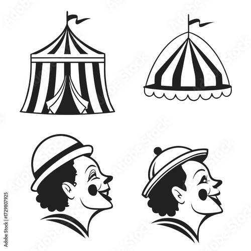 A delightful vintage circus illustration featuring a classic big top tent and charming clown portraits, , evokes a sense of nostalgia and whimsical fun