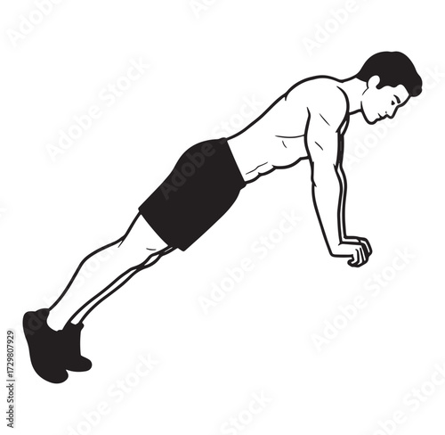 Simple black and white illustration of a man performing a push up exercise