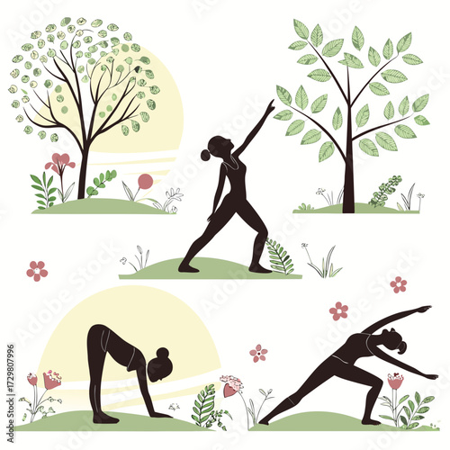 Silhouette of a woman practicing yoga poses in a garden with trees and flowers, this image represents a peaceful and healthy lifestyle