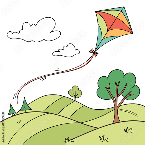 A whimsical scene unfolds with a colorful kite soaring high above rolling green hills, dotted with trees and fluffy clouds, creating a sense of joy and freedom