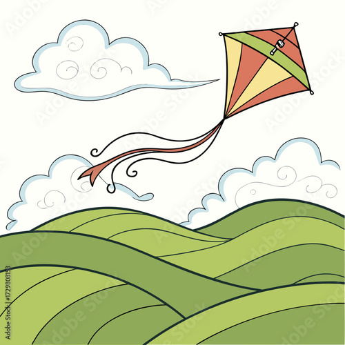 A picturesque illustration depicts a kite soaring amidst fluffy clouds above rolling green hills, creating a serene and uplifting scene