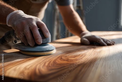 Close-Up of Woodworker Sanding Wooden Surface with Orbital Sander, Workshop Setting.