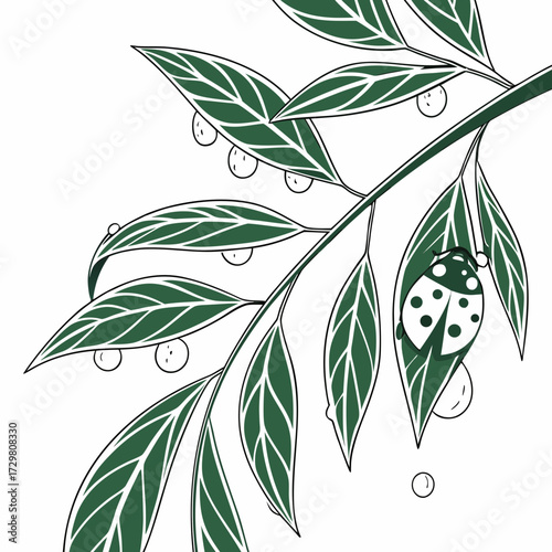 A whimsical illustration features a ladybug perched on a leafy branch, with water droplets adding a touch of enchantment to the natural scene