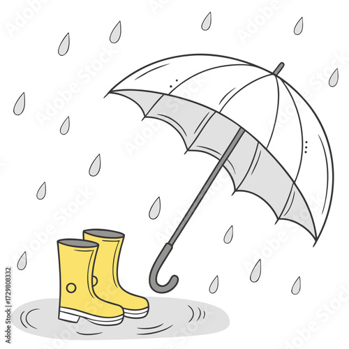 A charming illustration depicts an umbrella and rain boots in a puddle, capturing the essence of a rainy day with a touch of whimsy