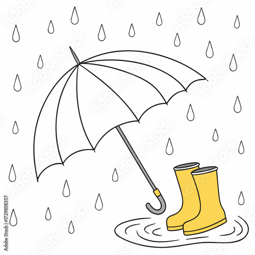 Delightful rainy day illustration featuring an umbrella and yellow rain boots, symbolizing protection and the simple joys of puddlejumping