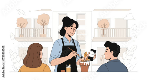 Creative woman painting plant with couple at home, embracing domestic artistry and joyful moments
