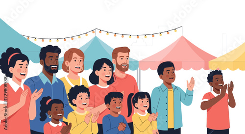 Diverse Community Festival: A Cheerful Gathering of Families and Friends Applauding at an Outdoor