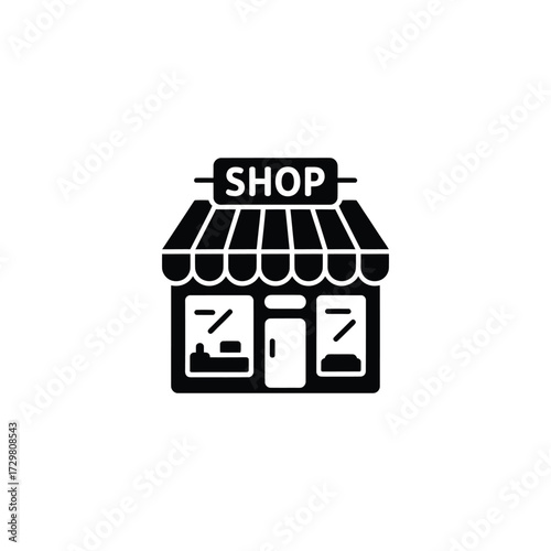 Black and White Shop Icon Featuring a Sign and Awning Detail