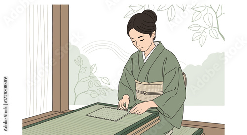 Elegant illustration of a woman in a kimono creating handmade paper in a traditional Japanese