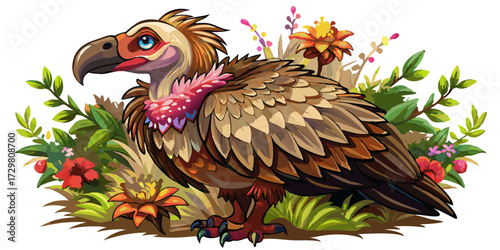 Colorful Cartoon Lappet Faced Vulture Illustration Amidst Lush Tropical Flowers