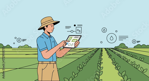 Farmer using a tablet for precision agriculture on a sunny day in a vast field of crops showcasing