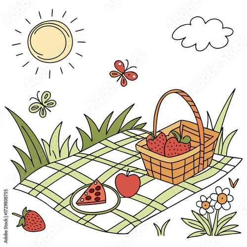 A delightful picnic scene unfolds with a basket of fresh fruits and treats spread on a checkered blanket under the warm glow of the sun, with butterflies fluttering around