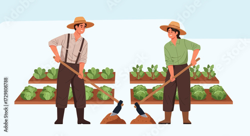 Farmers working diligently in the field cultivating vegetables with traditional hoes, ensuring a