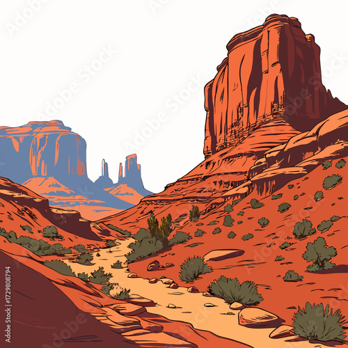 A colorful cartoon illustration captures the majestic monument valley with its iconic buttes, sparse desert vegetation, and a winding path under a clear sky, evoking a sense of awe