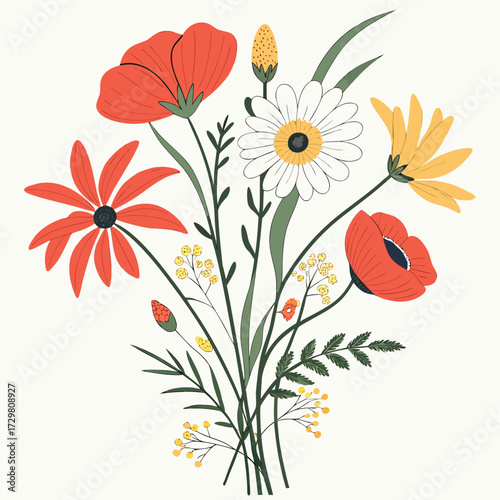 A vibrant bouquet of poppies, daisies, and other wildflowers in full bloom, a cheerful and colorful floral arrangement for any occasion