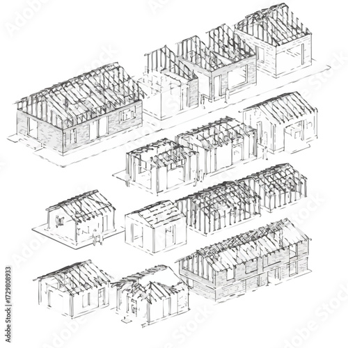 An intricate architectural illustration showcases various residential building structures in different stages of construction, highlighting framing and roof designs.