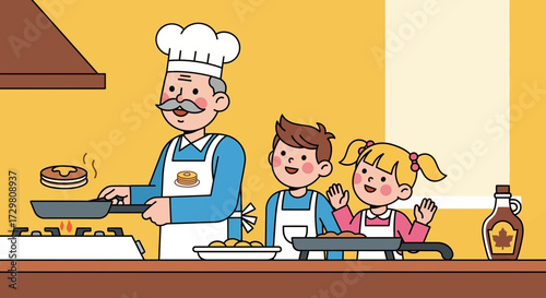 Grandfather making pancakes with grandchildren a heartwarming cartoon family scene