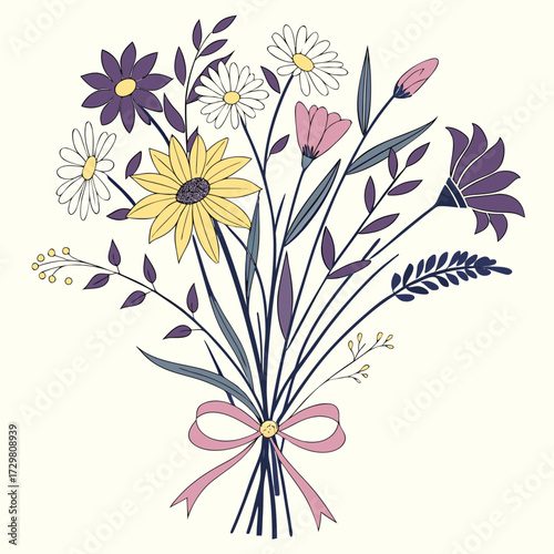 A beautiful bouquet of wildflowers featuring daisies, sunflowers, and other blooms in a delightful mix of colors, tied with a delicate pink ribbon