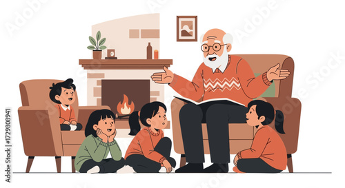 Grandfather reading a story to his grandchildren in a cozy living room scene