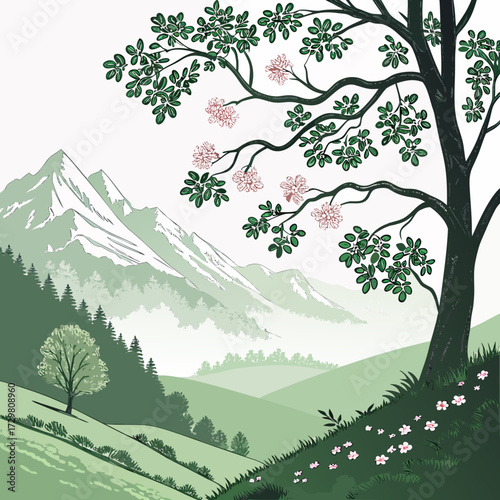 A serene mountain landscape featuring a lush green valley, snowcapped peaks, and a blossoming tree in the foreground, creating a peaceful and idyllic scene