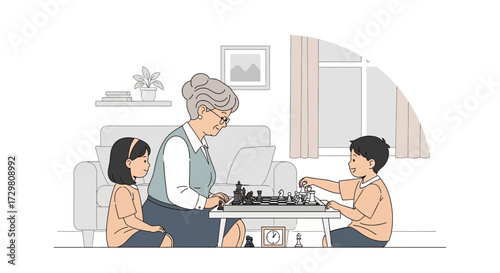 Grandmother playing chess with grandchildren, spending quality time, bonding and creating lasting