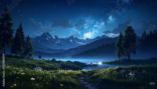 A serene nighttime landscape features a starlit sky, reflecting in a calm lake surrounded by mountains and trees