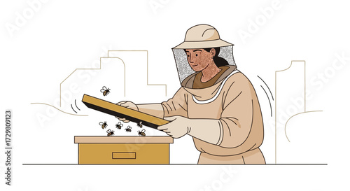 Illustration of a beekeeper tending to a beehive with protective gear and flying bees careful work