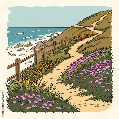 A captivating coastal trail winds along the hillside, adorned with vibrant wildflowers and a rustic wooden fence, offering panoramic views of the ocean and rocky coastline