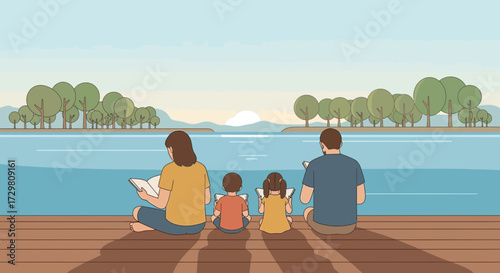 Illustration of a family reading books together by the lake during summertime vacation at sunset