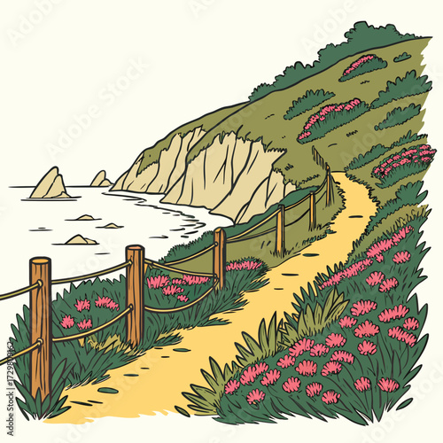A scenic coastal trail winds along the cliffside, offering breathtaking views of the ocean and the rugged coastline, with vibrant wildflowers adding a splash of color to the landscape