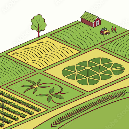 An aerial view showcases a meticulously organized farm with diverse crops, a charming red barn, and a tractor, highlighting the beauty and productivity of agricultural land