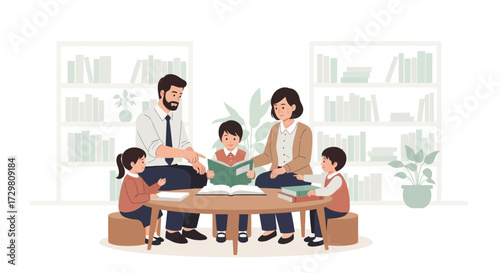 Illustration of a family reading together in a library or cozy home setting perfect for children