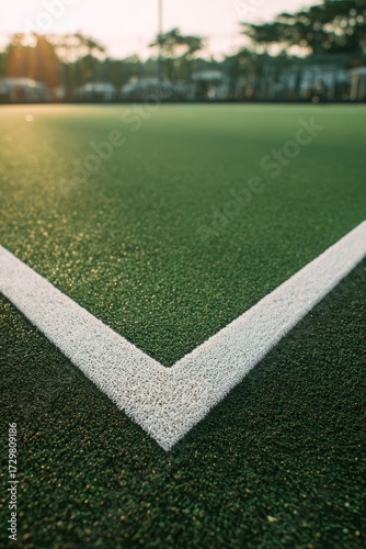 Close-Up View of White Line on Green Artificial Turf Field at Sunset.