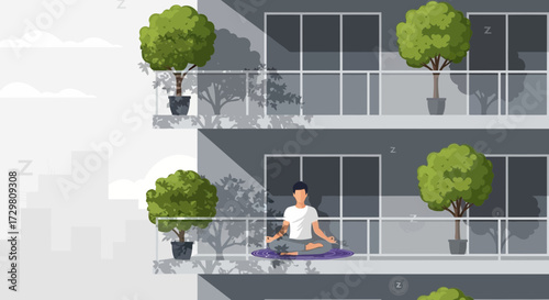 Illustration of a man meditating on a balcony in a modern apartment building with trees
