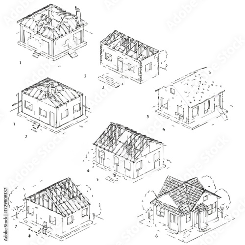 An intricate series of architectural line drawings illustrates the comprehensive step-by-step construction process of a residential house, from initial framing to completion.