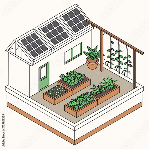 Isometric rooftop garden illustration featuring solar panels, raised beds, and various plants, showcasing urban sustainability and green living in a compact space