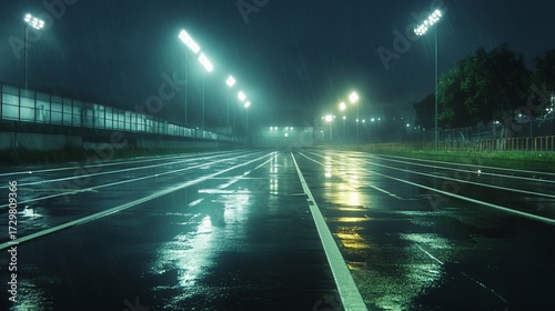Rainy night track, lights, fog, raceway