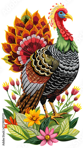 Colorful Cartoon Bird Illustration with Ornamental Feathers and Floral Details