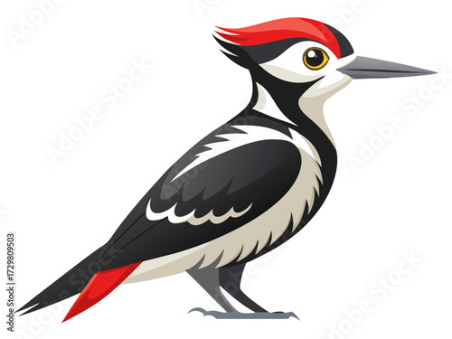 Illustration of a great spotted woodpecker with red crest and beak