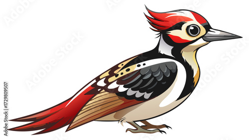 A colorful cartoon woodpecker with red head feathers standing against white backdrop
