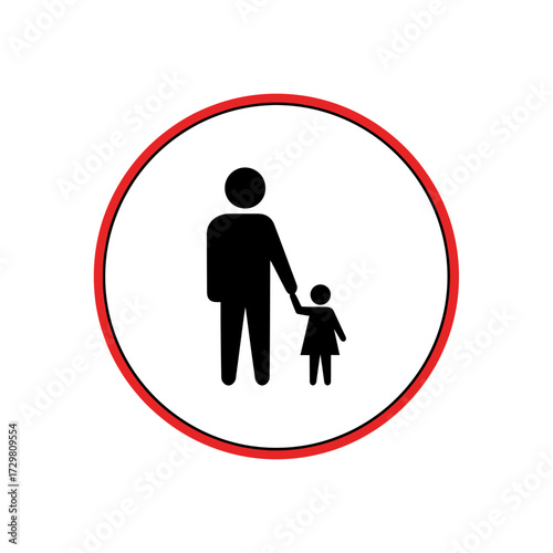 A black silhouette icon of a parent holding a child's hand, symbolizing family, safety, and guidance. Vector graphic in a red circle