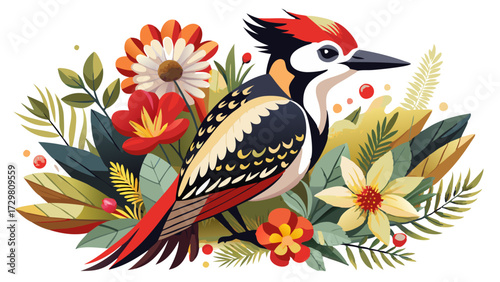 Digital painting of woodpecker bird with decorative flowers and tropical leaves