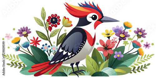 Colorful Cartoon Bird Amongst Bright Flowers and Verdant Foliage in a Vector Illustration